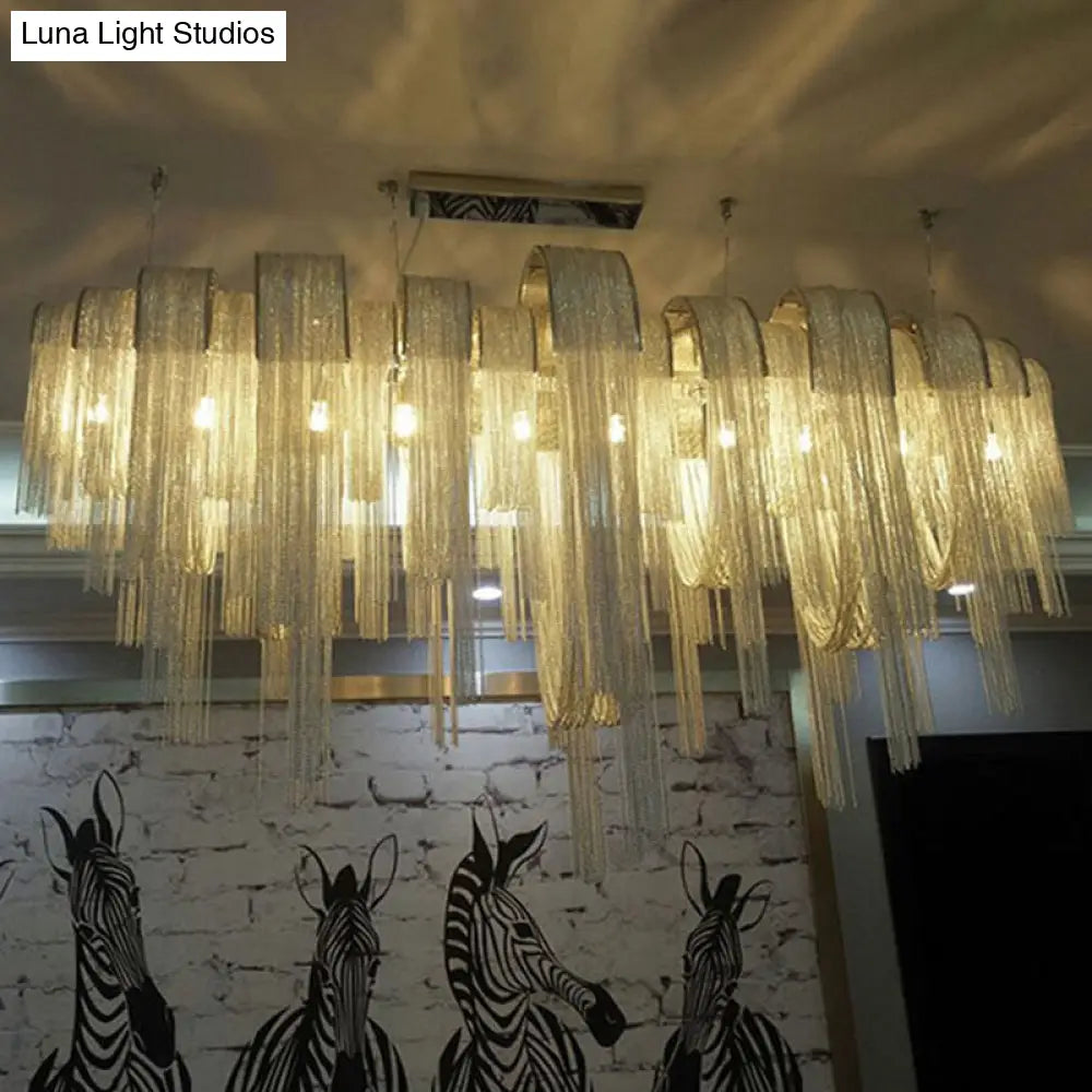 Postmodern Silver Lobby Chandelier: Arch Aluminum Chain 12-Bulb Suspension Light
