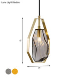 Postmodernist 1-Light Brass Pendant Lamp With Amber/Smoke Grey Glass And Heptagon Frame