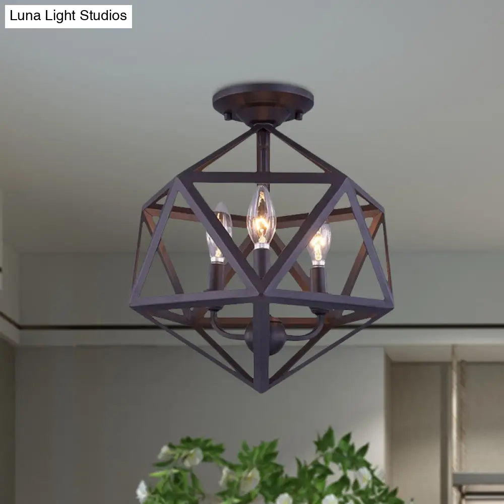 Prism Cage Metallic Semi Flush Light - Industrial Style 3 Bulb Ceiling Lamp Bronze Finish