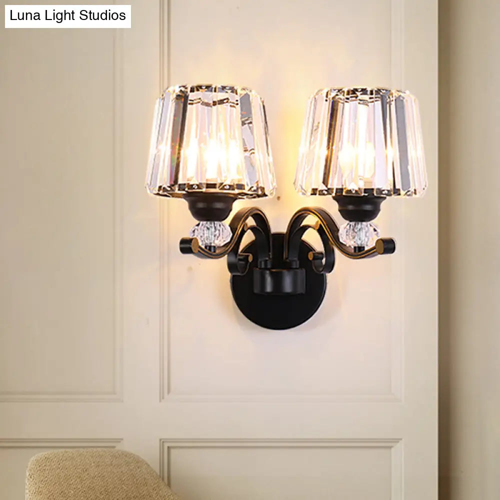 Prismatic Crystal Cone Wall Lamp: 1/2-Bulb Traditional Light For Living Room In Black