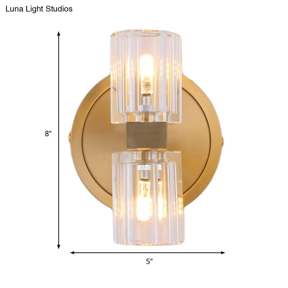Prismatic Crystal Cylinder Wall Sconce Light - Postmodern 2 Lights Brass Up And Down Mount