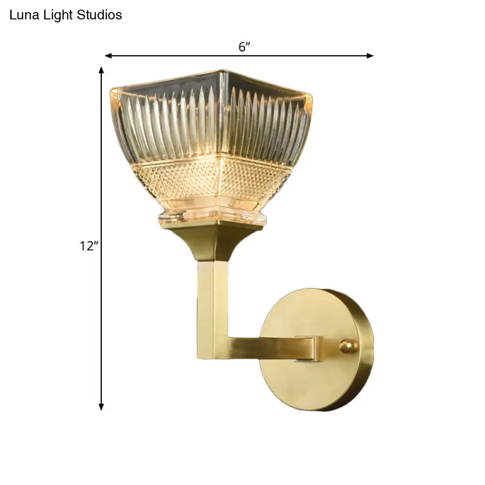 Prismatic Glass Torch Sconce Light - Modernist Wall Lamp With Gold Arm