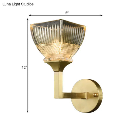 Prismatic Glass Torch Sconce Light - Modernist Wall Lamp With Gold Arm