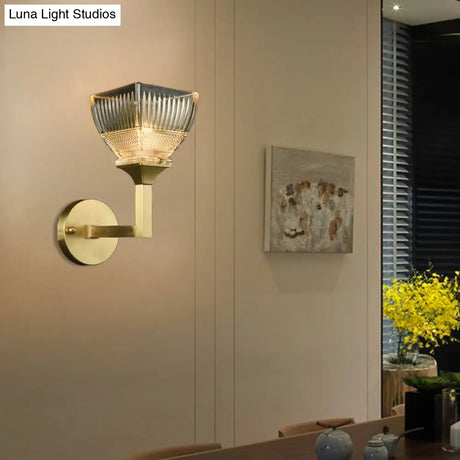 Prismatic Glass Torch Sconce Light - Modernist Wall Lamp With Gold Arm