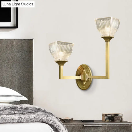 Prismatic Glass Torch Sconce Light - Modernist Wall Lamp With Gold Arm
