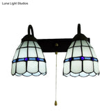 Pull Chain Wall Mounted Tiffany Grid Sconce Light With White Glass - 1 Head Design