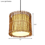 Rattan Cylinder Ceiling Light With Khaki Shade - Asian Pendant Lighting Fixture
