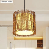 Rattan Cylinder Ceiling Light With Khaki Shade - Asian Pendant Lighting Fixture