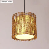 Rattan Cylinder Ceiling Light With Khaki Shade - Asian Pendant Lighting Fixture