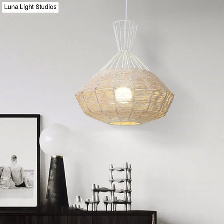 Rattan Diamond Suspension Ceiling Light - Traditional Wood Hanging Lamp 1 Bulb 14/18 Wide