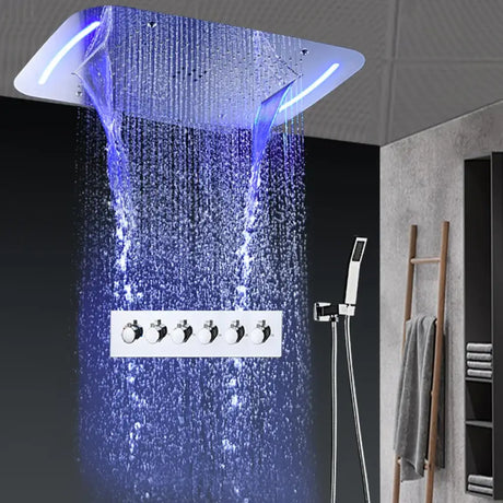 Recessed Ceiling Waterfall Shower Set High Flow LED Rain Mist Shower facuets Kits Batrhroom 5 Functions Mixing Valve