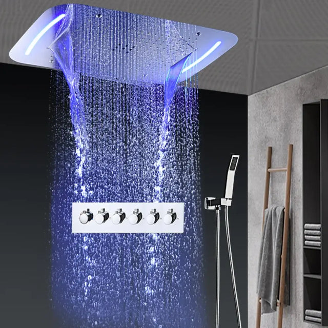 Recessed Ceiling Waterfall Shower Set High Flow LED Rain Mist Shower facuets Kits Batrhroom 5 Functions Mixing Valve
