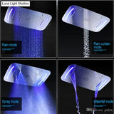 Recessed Ceiling Waterfall Shower Set High Flow LED Rain Mist Shower facuets Kits Batrhroom 5 Functions Mixing Valve