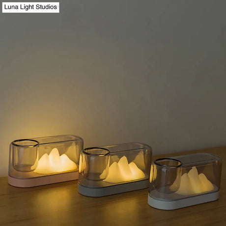 Rechargeable Led Table Lamp: Plastic Mountain Night Light With Artistic Oval Cover And Storage Cup