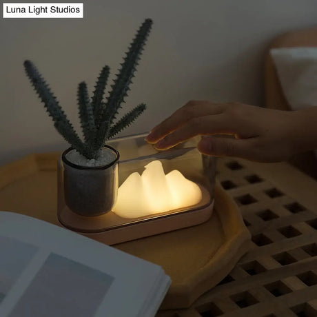 Rechargeable Led Table Lamp: Plastic Mountain Night Light With Artistic Oval Cover And Storage Cup