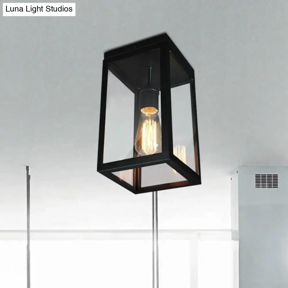 Rectangular Shade Clear Glass Ceiling Light Fixture - 1 Traditional Flush Mount In Black For Living
