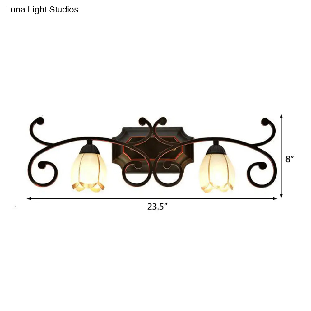 Red Brown Sconce Light - Classic Frosted Glass Flower Shape Vanity Lighting Fixture 1/2/3 Lights