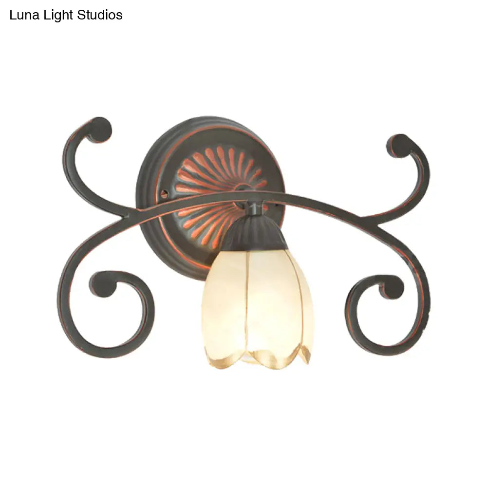 Red Brown Sconce Light - Classic Frosted Glass Flower Shape Vanity Lighting Fixture 1/2/3 Lights