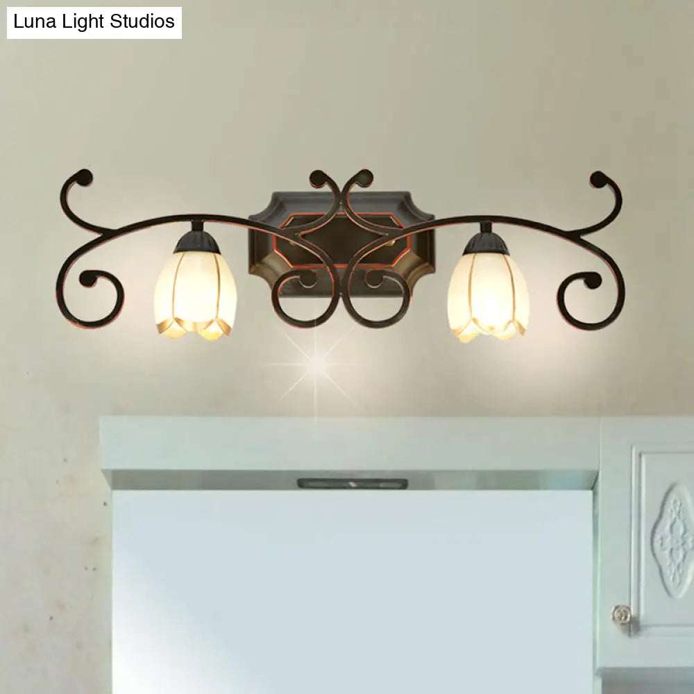 Red Brown Sconce Light - Classic Frosted Glass Flower Shape Vanity Lighting Fixture 1/2/3 Lights