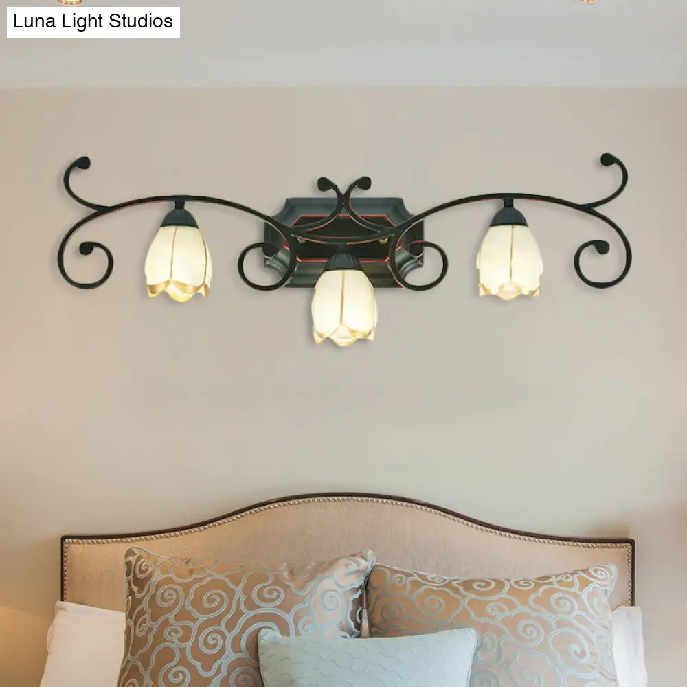 Red Brown Sconce Light - Classic Frosted Glass Flower Shape Vanity Lighting Fixture 1/2/3 Lights