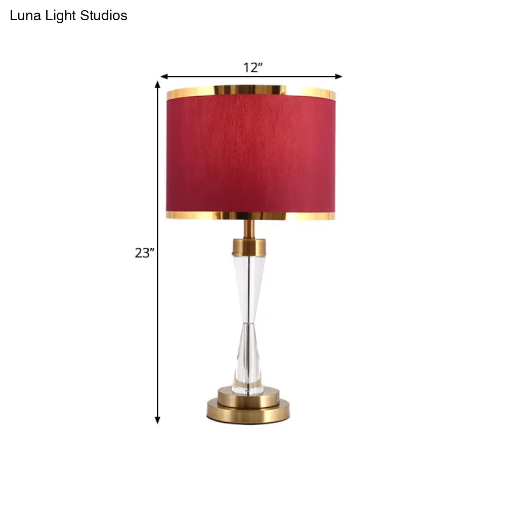 Red Fabric Shade Round Table Lamp With Traditional Crystal Ideal For Living Room Night Stand