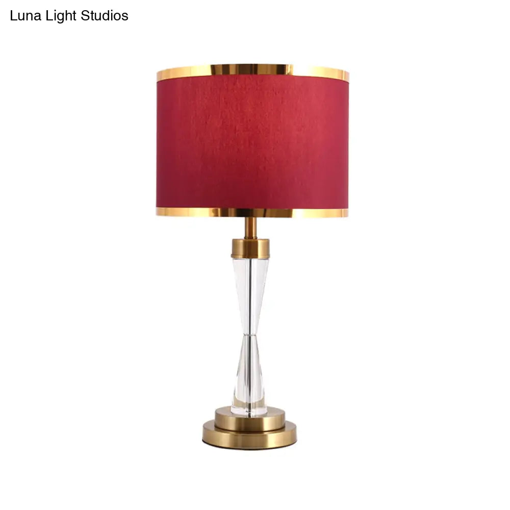 Red Fabric Shade Round Table Lamp With Traditional Crystal Ideal For Living Room Night Stand