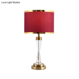 Red Fabric Shade Round Table Lamp With Traditional Crystal Ideal For Living Room Night Stand