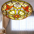 Red Flower Tiffany Stained Glass Ceiling Light: Round Flush Mount For Bedroom / 12’