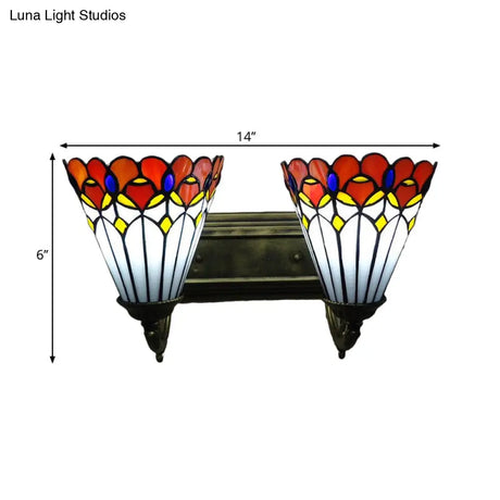 Red Stained Glass Tiffany Conical Wall Sconce With Curving Arm - Elegant Lighting