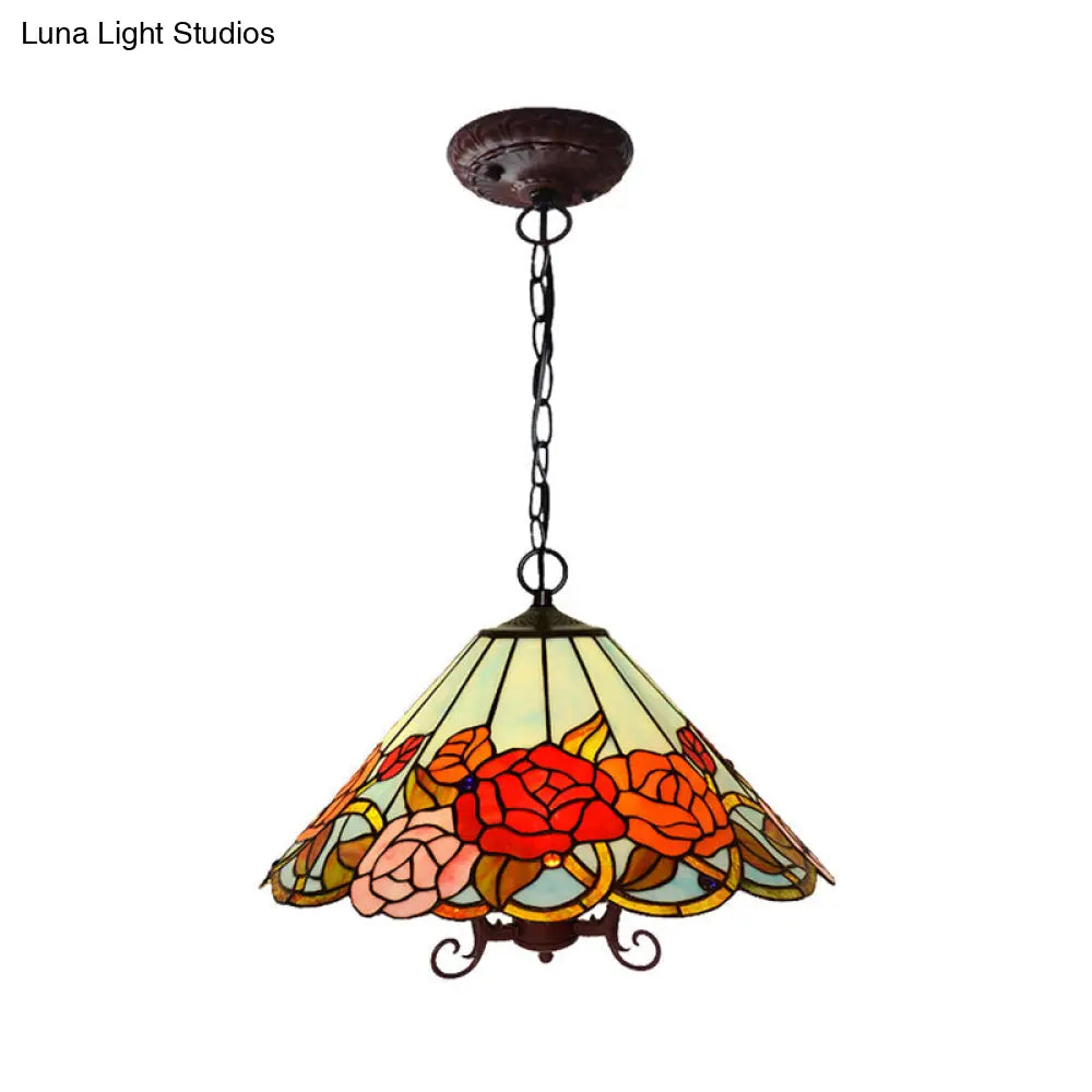 Red Stained Glass Tiffany-Style Floral Chandelier: 3-Light Bronze Ceiling Pendant
