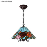 Red Stained Glass Tiffany-Style Floral Chandelier: 3-Light Bronze Ceiling Pendant