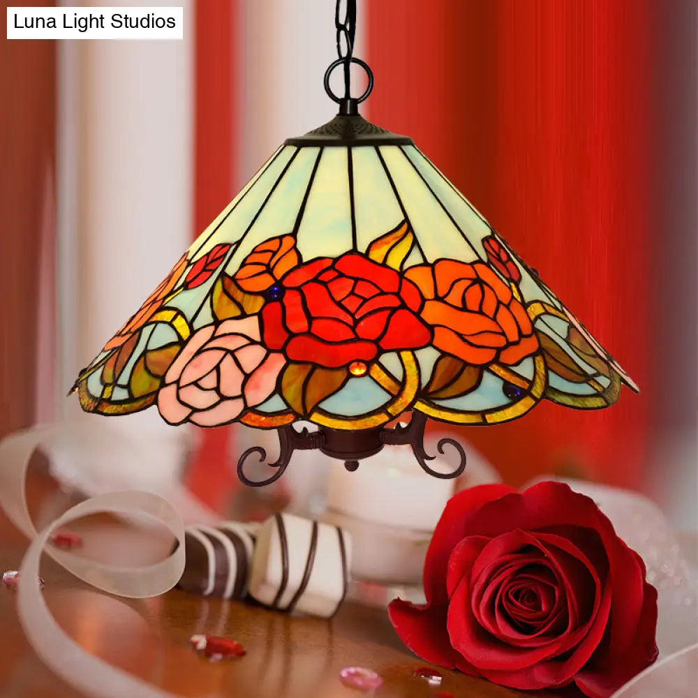 Red Stained Glass Tiffany-Style Floral Chandelier: 3-Light Bronze Ceiling Pendant