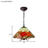 Red Stained Glass Tiffany-Style Floral Chandelier: 3-Light Bronze Ceiling Pendant