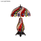 Red Tiffany Glass Scalloped Dome Table Lamp With Peacock Pattern - 2-Light Night Light