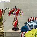 Red Tiffany Glass Scalloped Dome Table Lamp With Peacock Pattern - 2-Light Night Light