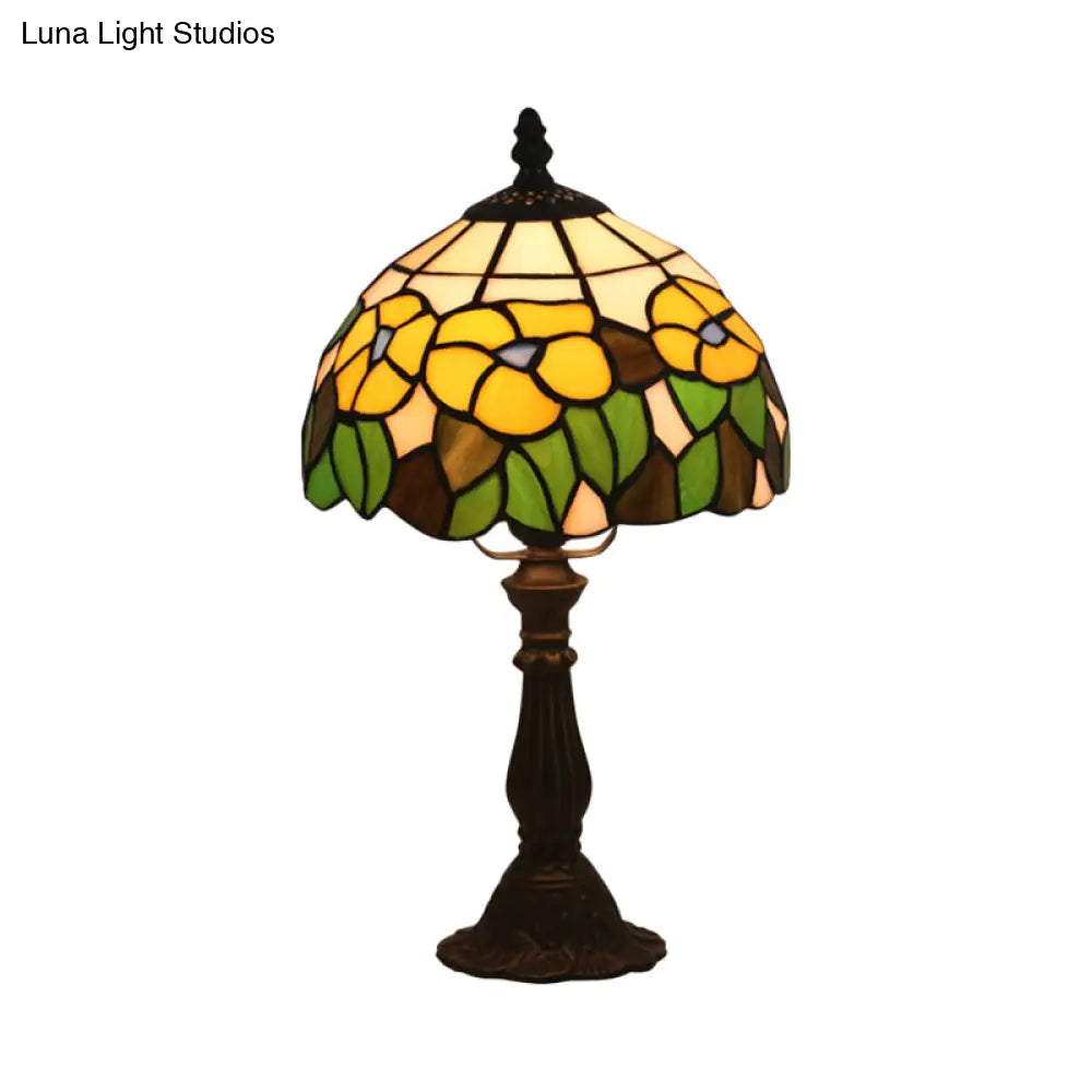 Red/Yellow Cut Glass Nightstand Lamp - Mediterranean Style With Floral Pattern