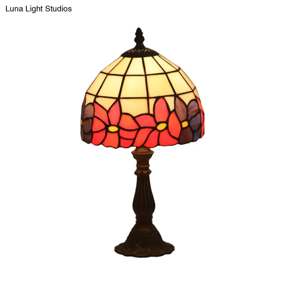 Red/Yellow Cut Glass Nightstand Lamp - Mediterranean Style With Floral Pattern