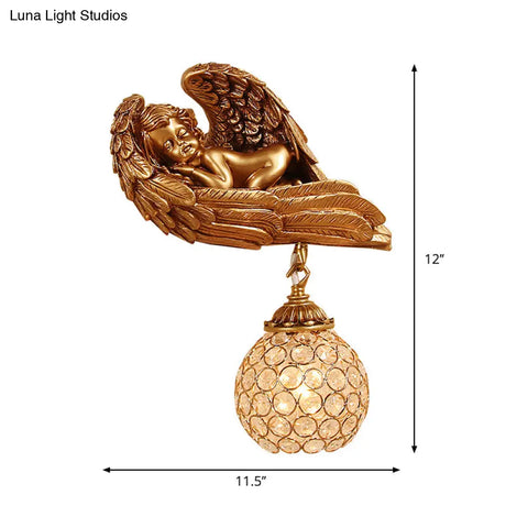 Resin 1-Head Dark Gold Wall Mounted Lamp With Globe Faceted Crystal Shade - Sleeping Angel Hallway