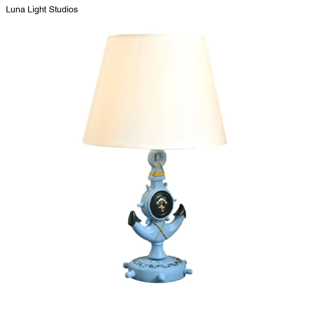 Resin Anchor Shape Night Table Light Mediterranean Blue Desk Lamp With Fabric Shade