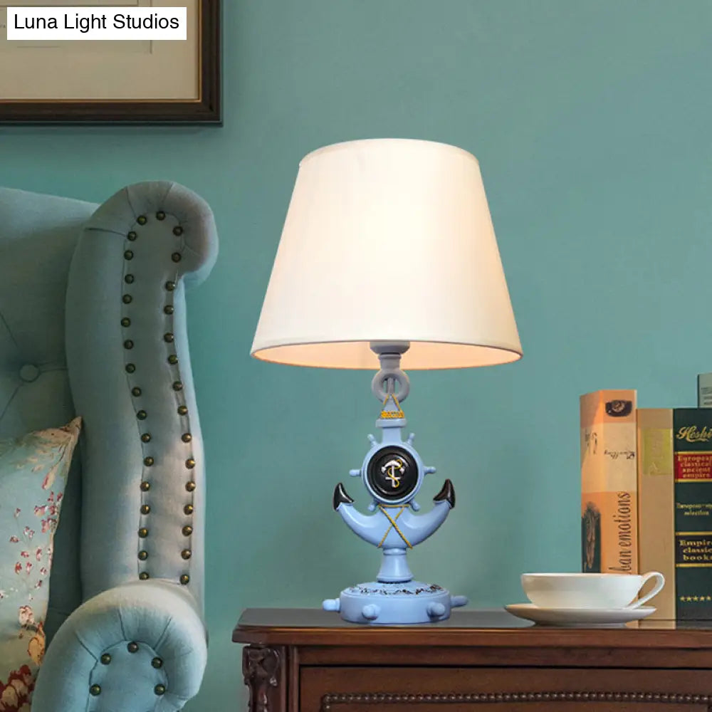 Resin Anchor Shape Night Table Light Mediterranean Blue Desk Lamp With Fabric Shade