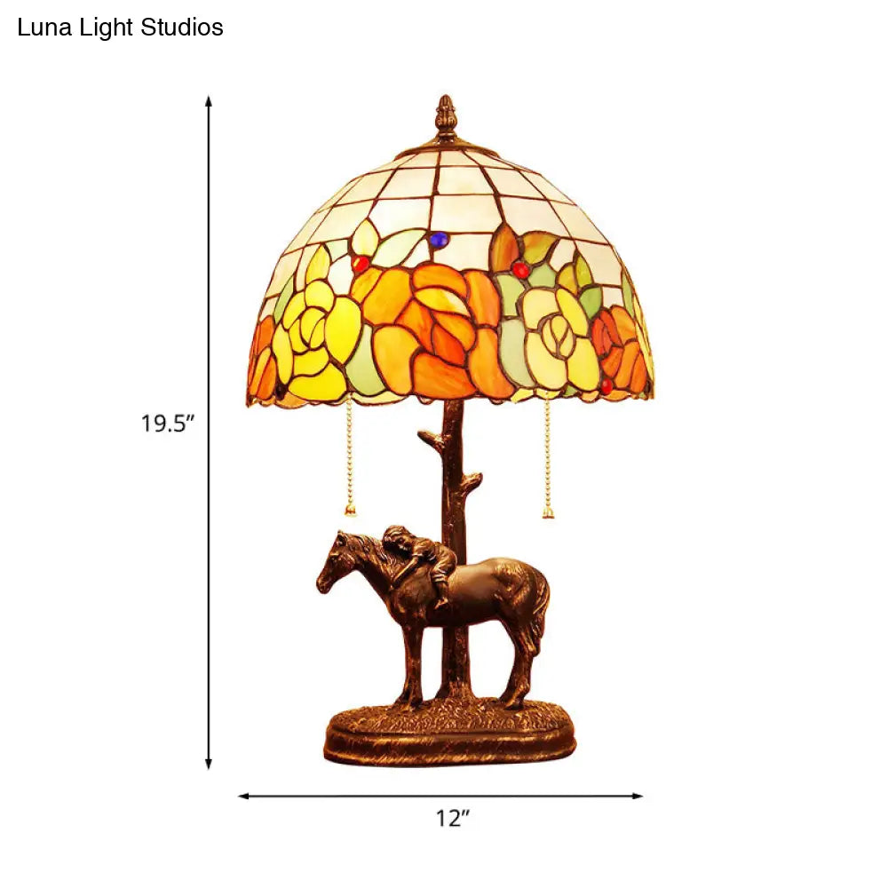 Resin Dark Brown Pull-Chain Night Lamp - Tiffany Table Light With Kid Sleeping On Horseback 2 Bulbs