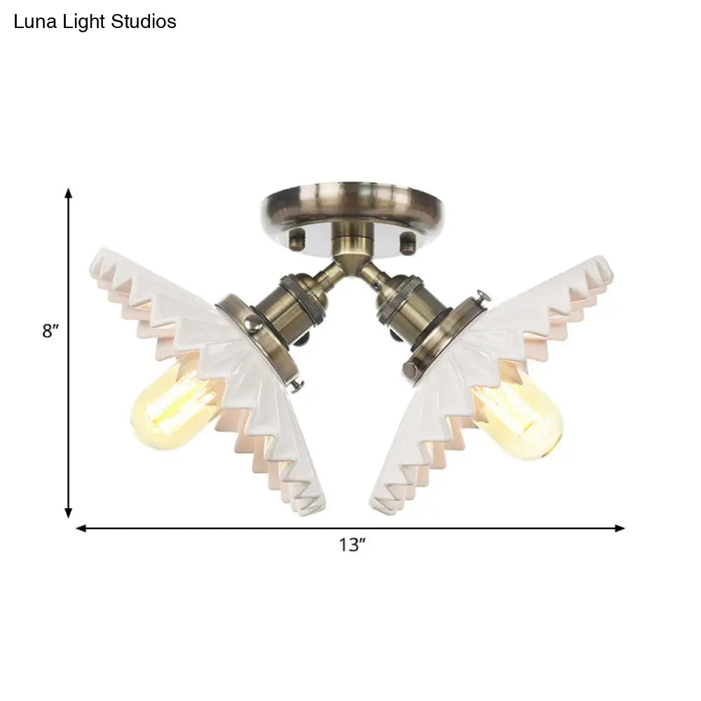 Restaurant Ceiling Light With Scalloped Milk Glass Shade In Black/Bronze Semi-Flush Mount
