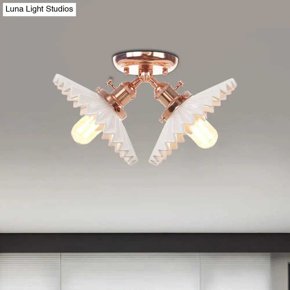 Restaurant Ceiling Light With Scalloped Milk Glass Shade In Black/Bronze Semi-Flush Mount