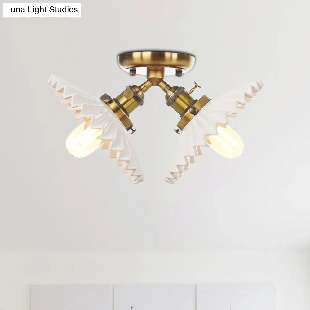 Restaurant Ceiling Light With Scalloped Milk Glass Shade In Black/Bronze Semi-Flush Mount