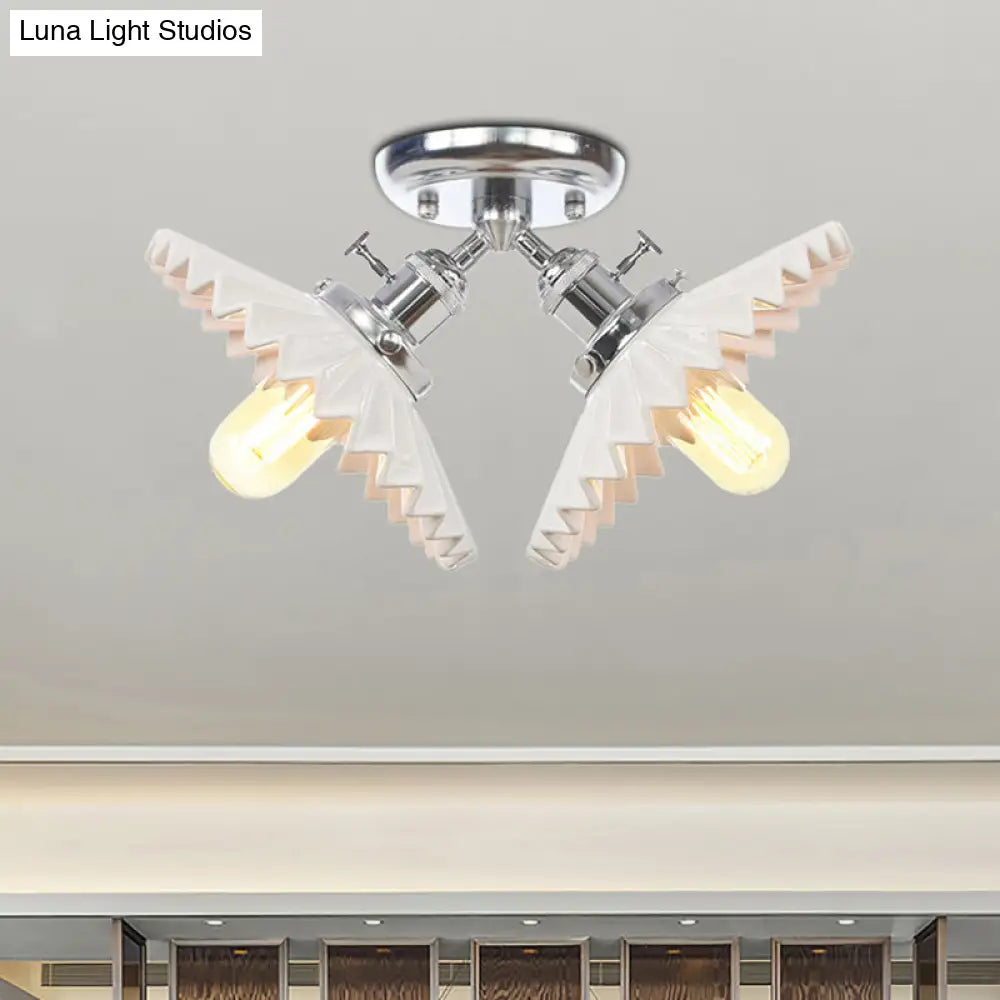 Restaurant Ceiling Light With Scalloped Milk Glass Shade In Black/Bronze Semi-Flush Mount