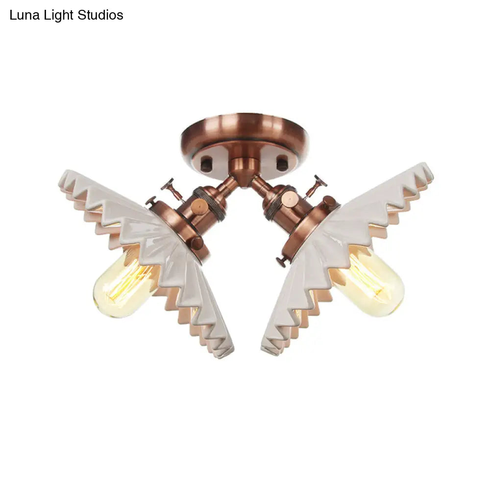 Restaurant Ceiling Light With Scalloped Milk Glass Shade In Black/Bronze Semi-Flush Mount