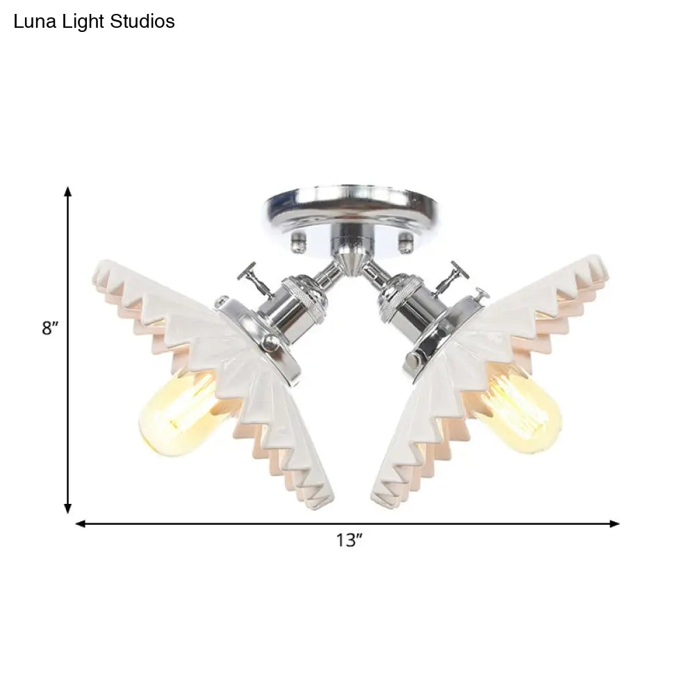 Restaurant Ceiling Light With Scalloped Milk Glass Shade In Black/Bronze Semi-Flush Mount