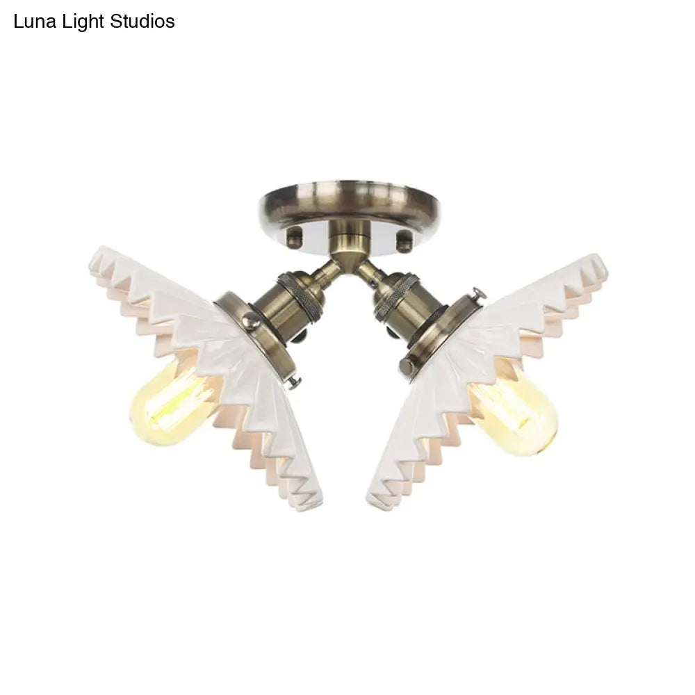 Restaurant Ceiling Light With Scalloped Milk Glass Shade In Black/Bronze Semi-Flush Mount