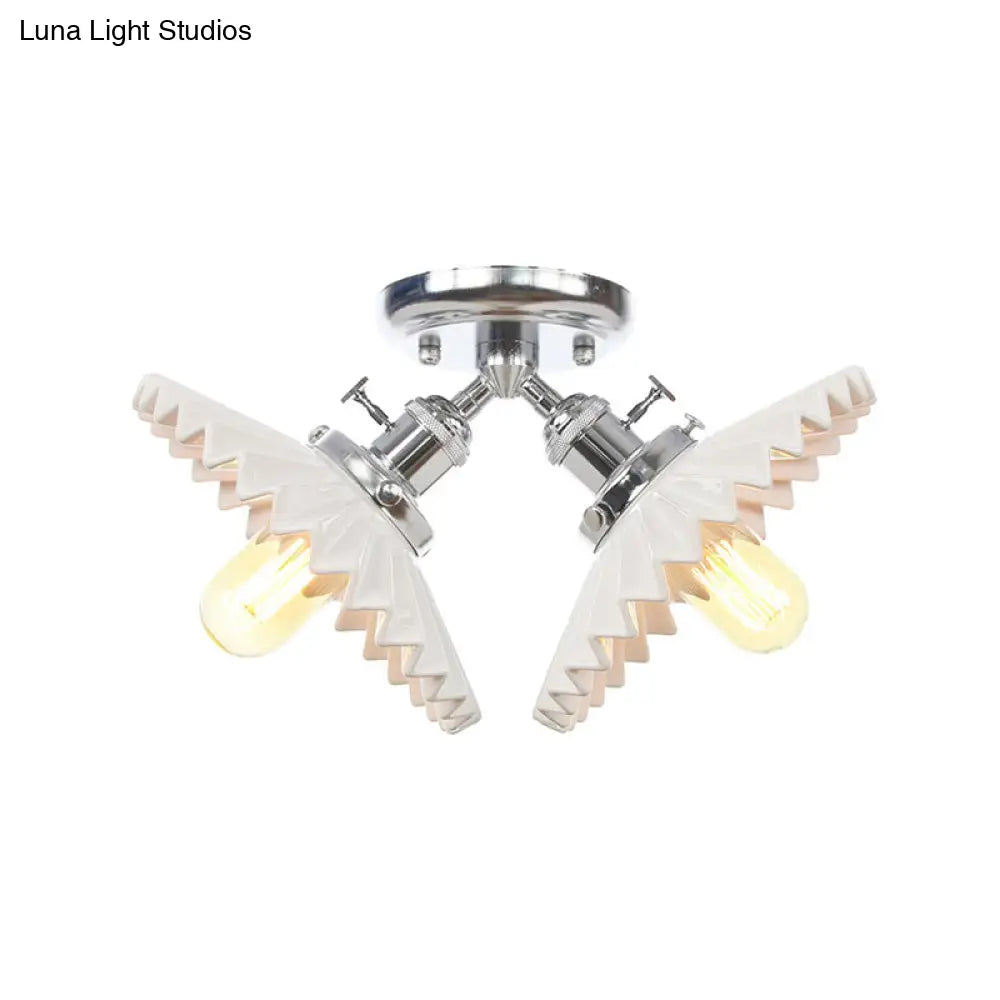 Restaurant Ceiling Light With Scalloped Milk Glass Shade In Black/Bronze Semi-Flush Mount