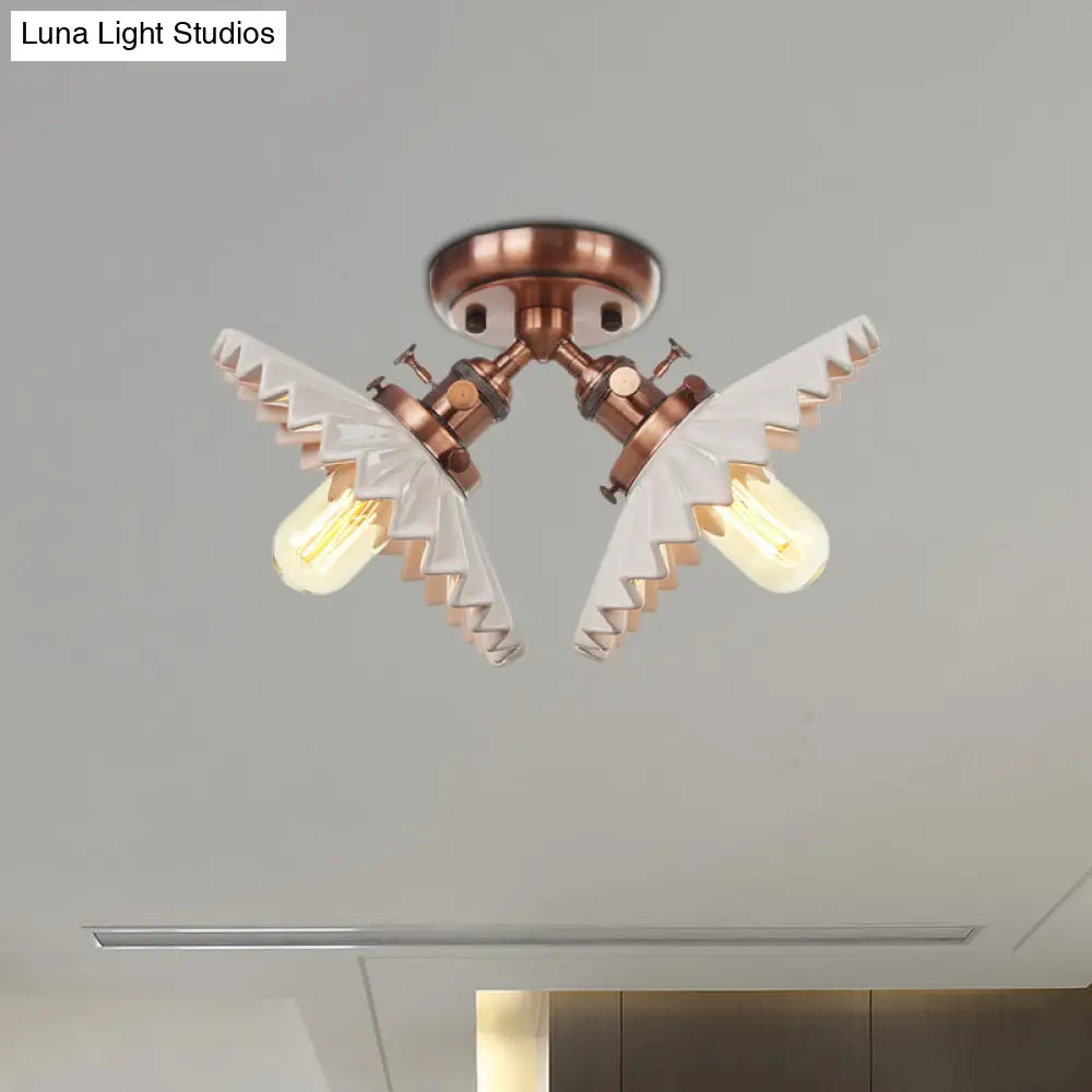 Restaurant Ceiling Light With Scalloped Milk Glass Shade In Black/Bronze Semi-Flush Mount